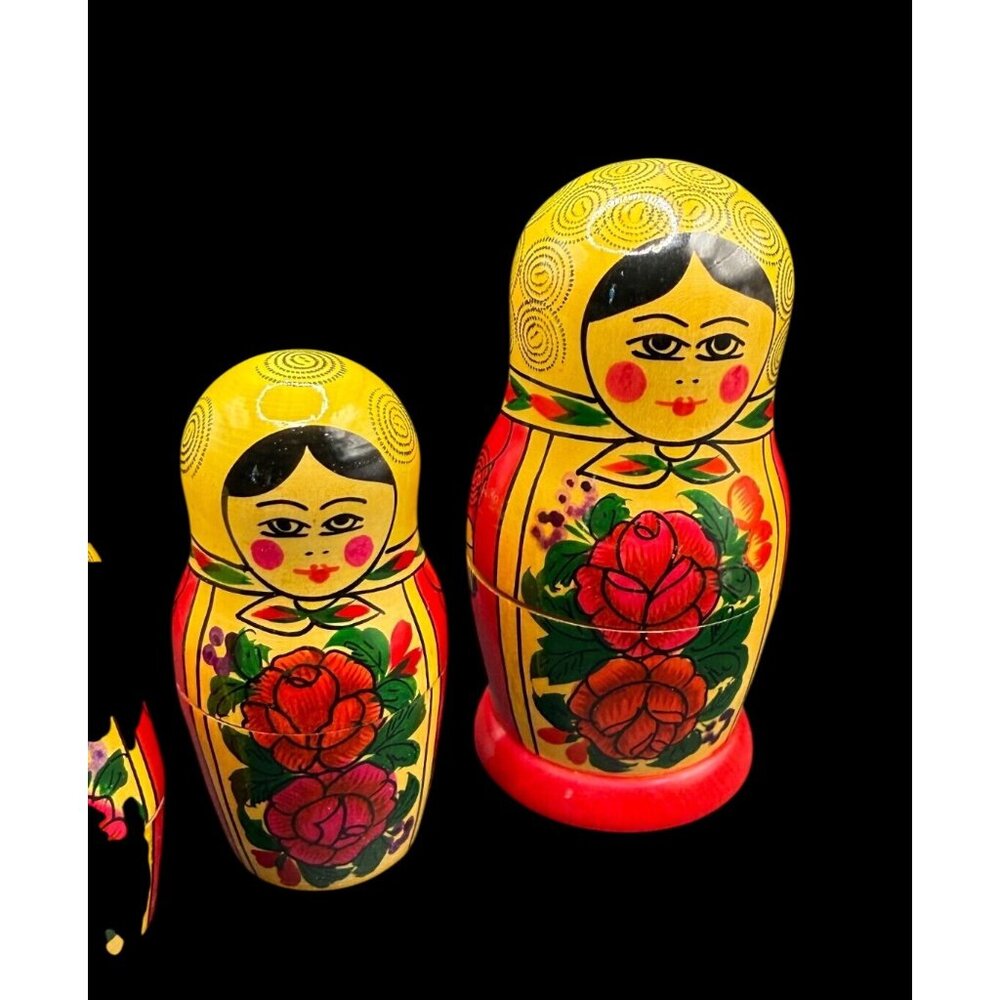 Hand-Painted Set Of 6 Wooden Russian Matryoshka Nesting Dolls With Floral Design - Picture 3 of 11